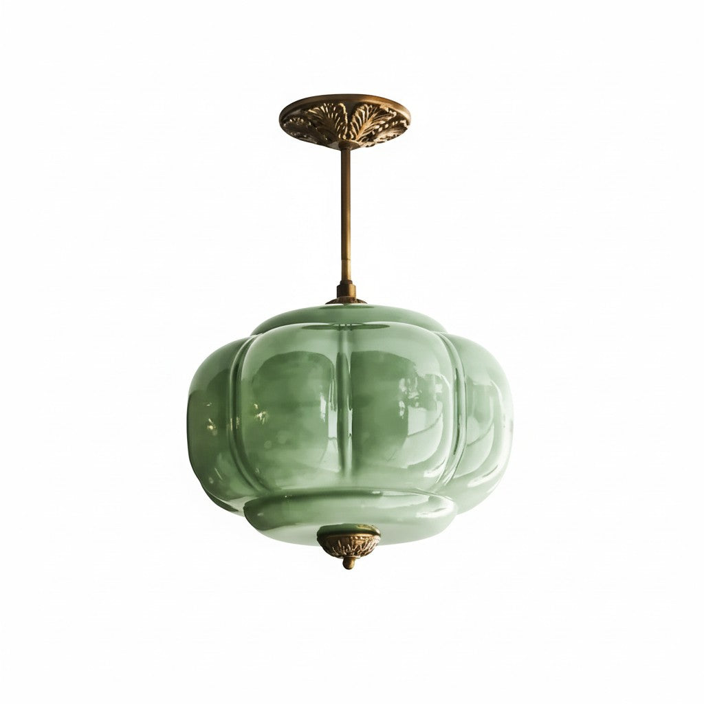 Lumi Antique Brass Green Glass Pumpkin Semi-Deckenleuchte Eloise (3).jpg__PID:ff6cc26b-484c-469d-8c25-d787a25f3d59